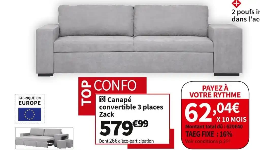 CANAPÉ CONVERTIBLE 3 PLACES ZACK