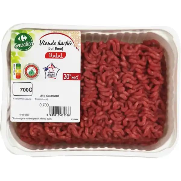 Haché pur bœuf Halal 20% M.G. Carrefour Sensation