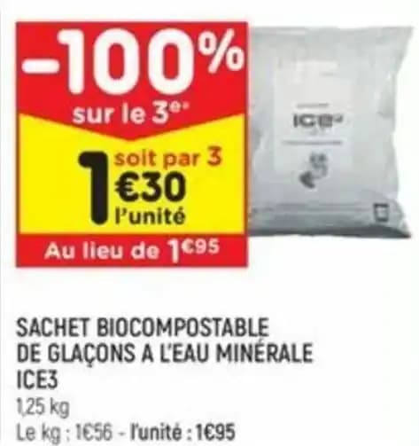 SACHET BIOCOMPOSTABLE DE GLAÇONS A L'EAU MINÉRALE ICE3
