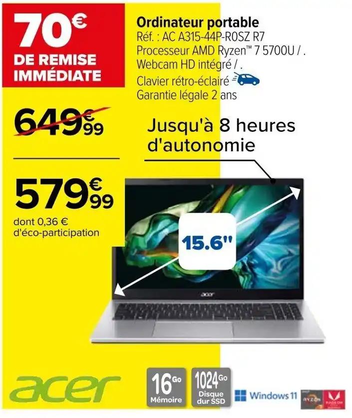 Ordinateur portable Réf. AC A315-44P-ROSZ R7 Processeur AMD Ryzen™ 7 5700U/. Webcam HD intégré/.
