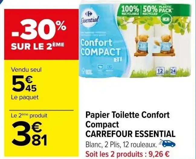 Papier Toilette Confort Compact CARREFOUR ESSENTIAL Blanc, 2 Plis, 12 rouleaux. Soit les 2 produits :