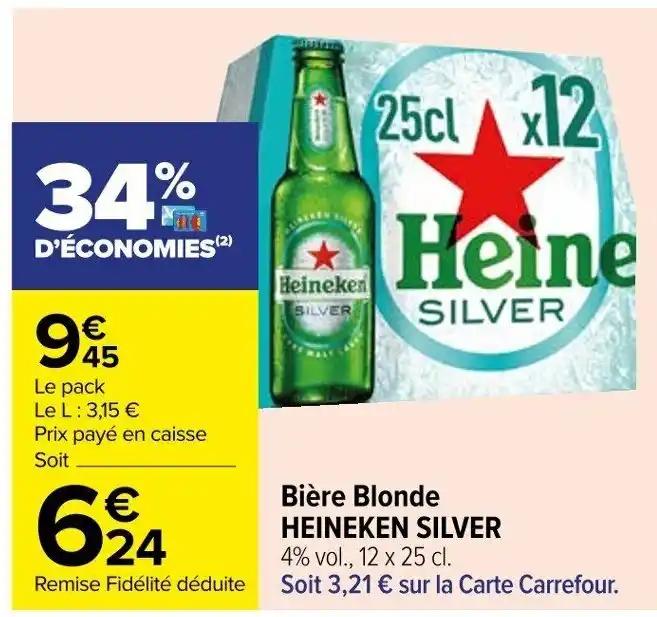 Bière Blonde HEINEKEN SILVER 4% vol., 12 x 25 cl.