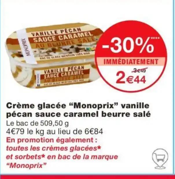 Crème glacée "Monoprix” vanille pécan sauce caramel beurre salé Le bac de 509,50 g