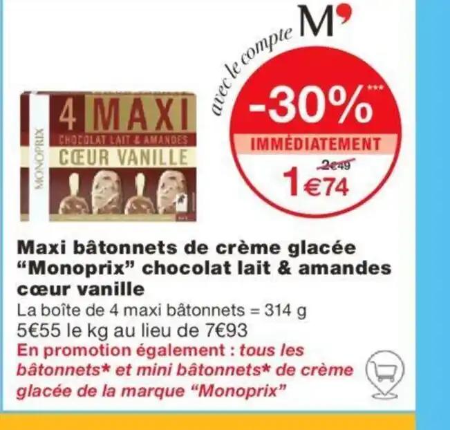 Maxi bâtonnets de crème glacée "Monoprix" chocolat lait & amandes cœur vanille