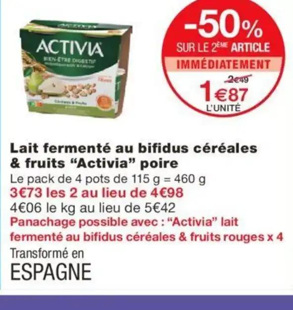 Lait fermenté au bifidus céréales & fruits "Activia" poire