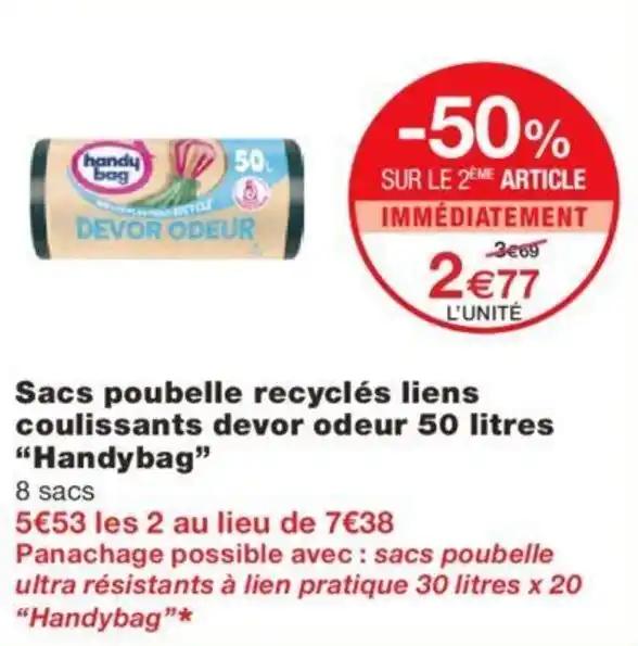 Sacs poubelle recyclés liens coulissants devor odeur 50 litres "Handybag"