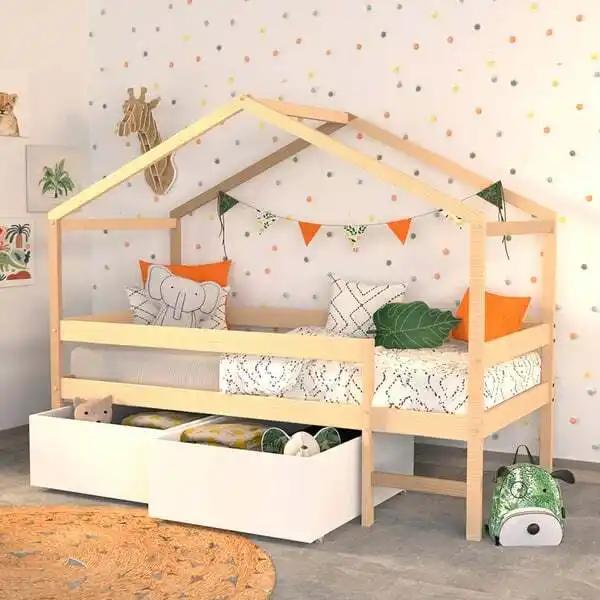 Lit Cabane Bois Massif 90X190 Cm Avec 2 Tiroirs Sommier Barrière Et Échelle Elio
