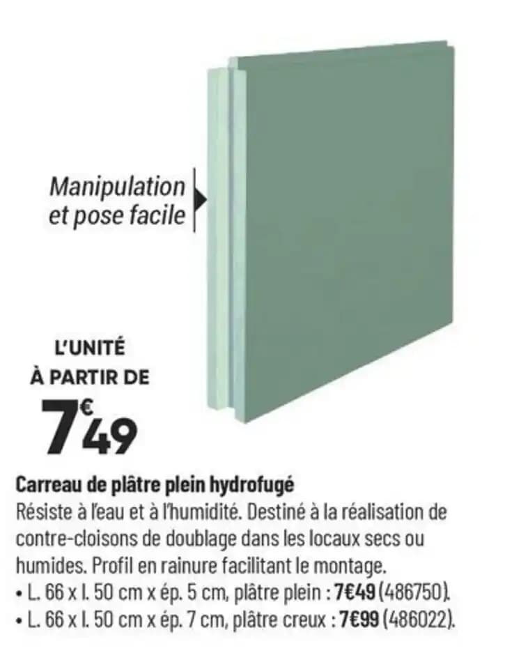 Carreau de plâtre plein hydrofugé