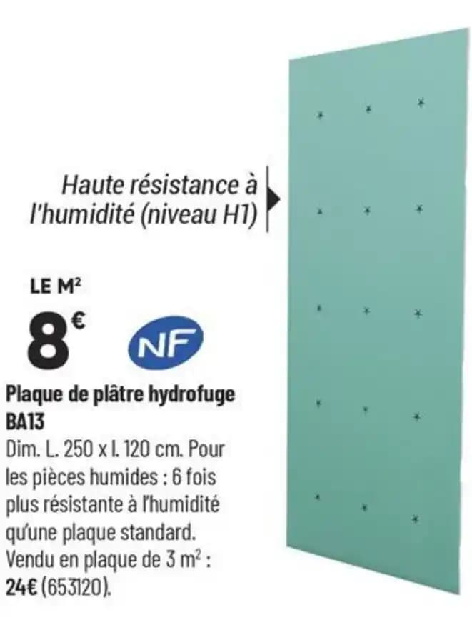 Plaque de plâtre hydrofuge BA13