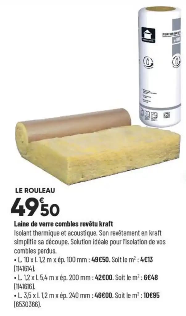 Laine de verre combles revêtu kraft