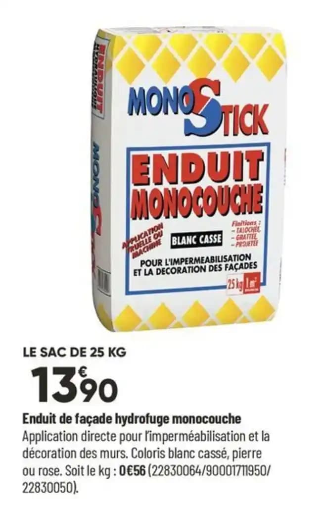Enduit de façade hydrofuge monocouche