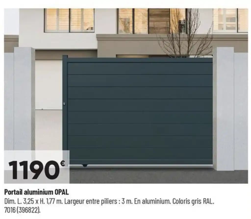 Portail aluminium OPAL Dim. L. 3,25 x H. 1,77 m. Largeur entre piliers : 3 m. En aluminium. Coloris gris RAL. 7016 (396822).
