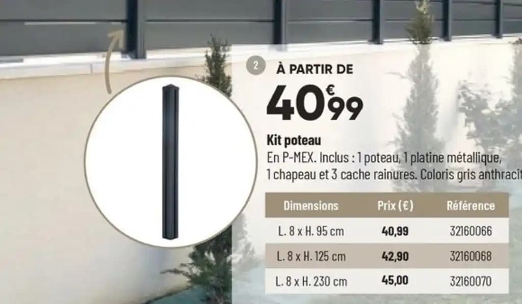 Kit poteau En P-MEX. Inclus : 1 poteau, 1 platine métallique,
