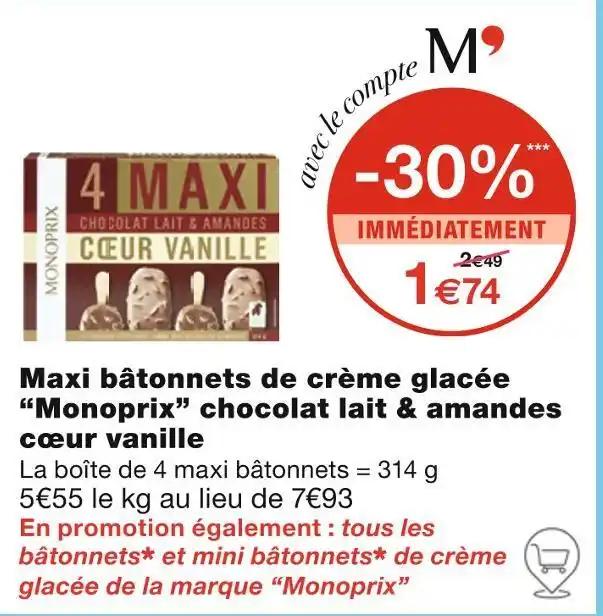 Monoprix Maxi bâtonnets de crème glacée chocolat lait & amandes cœur vanille