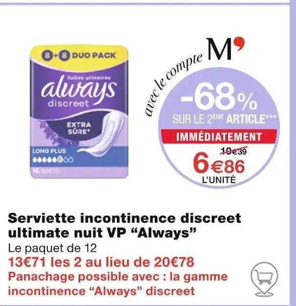 Always Serviette incontinence discreet ultimate nuit VP