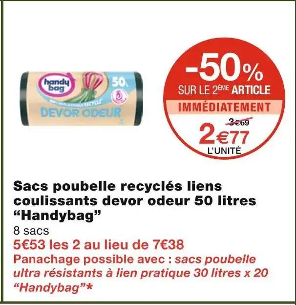 Handybag Sacs poubelle recyclés liens coulissants devor odeur 50 litres
