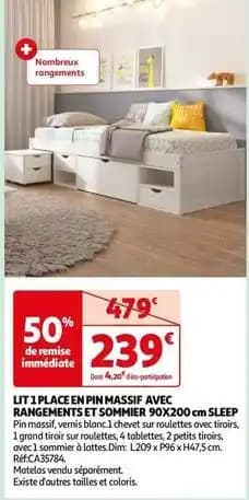 Lit 1 place en pin massif avec rangements et sommier sleep