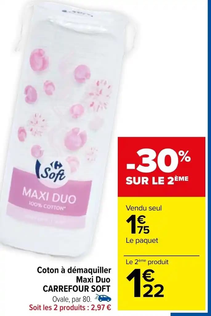 Coton à démaquiller Maxi Duo CARREFOUR SOFT Ovale, par 80.