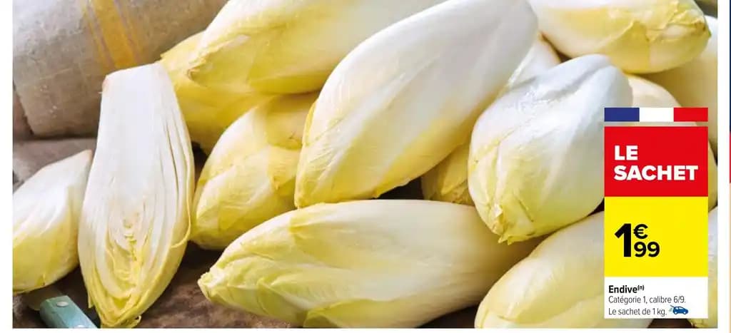 Endive(n) Catégorie 1, calibre 6/9. Le sachet de 1 kg.