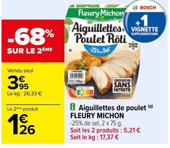 Aiguillettes de poulet (9) FLEURY MICHON -25% de sel, 2 x 75 g.