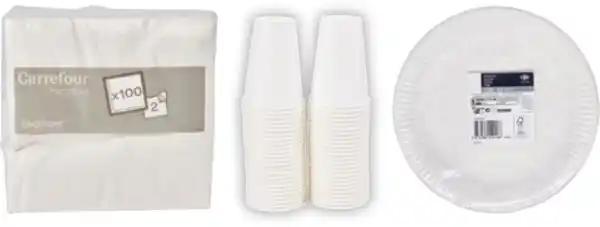 SUR TOUTE LA VAISSELLE A JETER UNIE BLANCHE : SERVIETTES, ASSIETTES ET GOBELETS