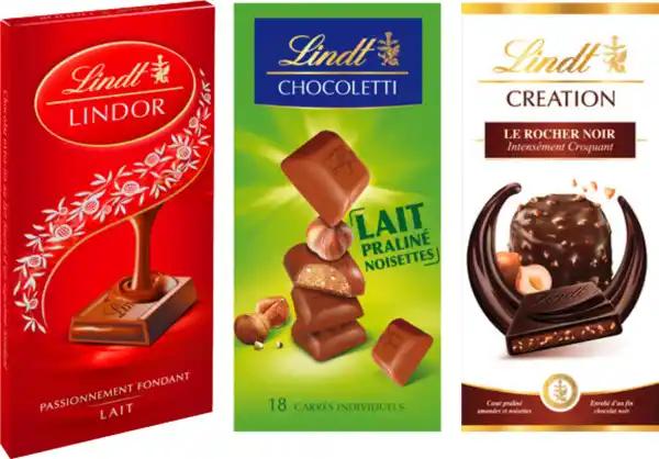LINDT SUR TOUTES LES TABLETTES DE CHOCOLAT CRÉATION, LINDOR, CHOCOLETTI ET PYRÉNÉENS