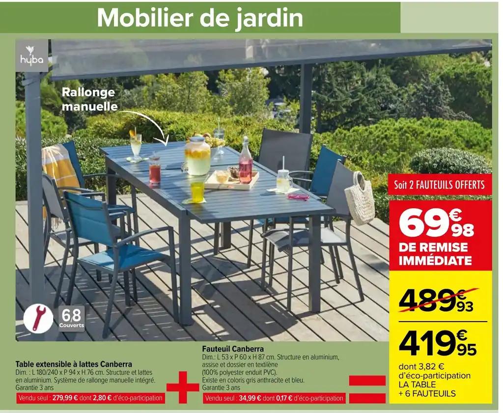 Table extensible à lattes Canberra + Fauteuil Canberra