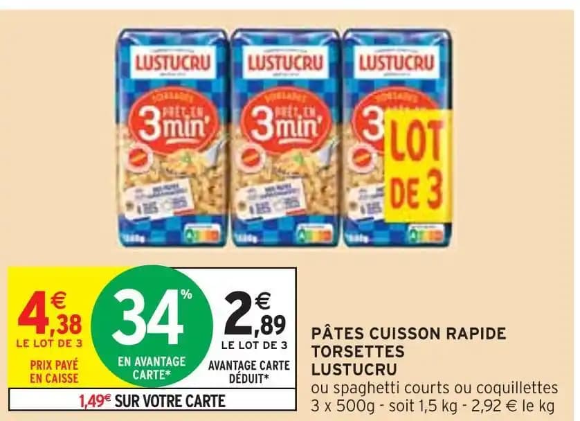 LUSTUCRU 3 PÂTES CUISSON RAPIDE TORSETTES