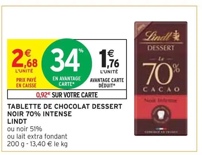 LINDT TABLETTE DE CHOCOLAT DESSERT NOIR 70% INTENSE