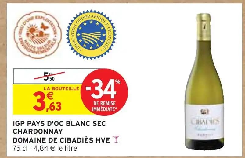 DOMAINE DE CIBADIÈS HVE IGP PAYS D'OC BLANC SEC CHARDONNAY