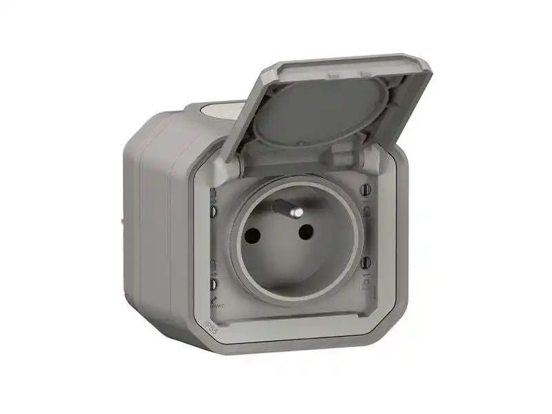 Prise avec terre étanche saillie, complet Plexo, LEGRAND, gris