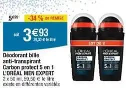 L'oréal - déodorant bille anti-transpirant carbon protect 5 en 1