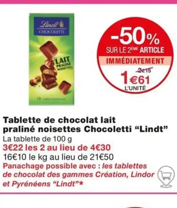 Tablette de chocolat lait praliné noisettes Chocoletti Lindt"
