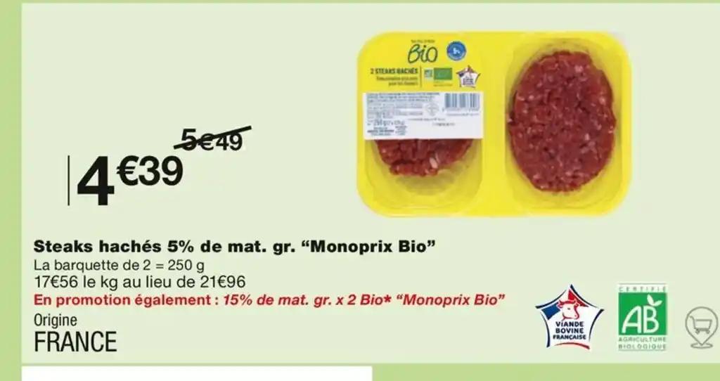 Steaks hachés 5% de mat. gr. "Monoprix Bio"