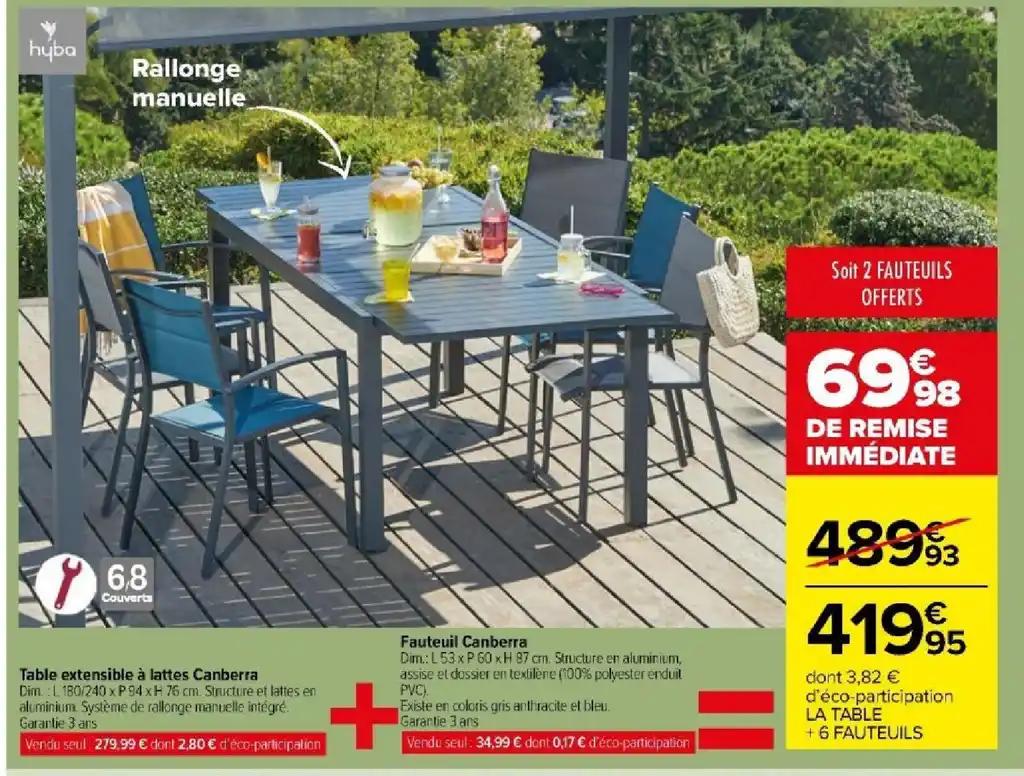 Table extensible à lattes Canberra + Fauteuil Canberra