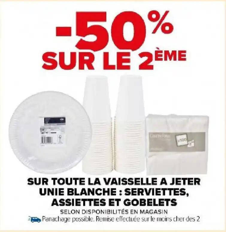 SUR TOUTE LA VAISSELLE A JETER UNIE BLANCHE: SERVIETTES, ASSIETTES ET GOBELETS