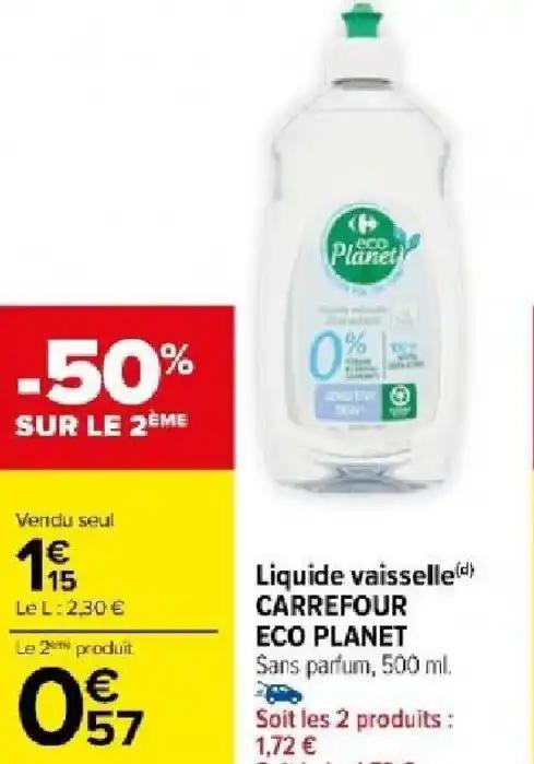 Liquide vaisselle(d) CARREFOUR ECO PLANET Sans parfum, 500 ml.