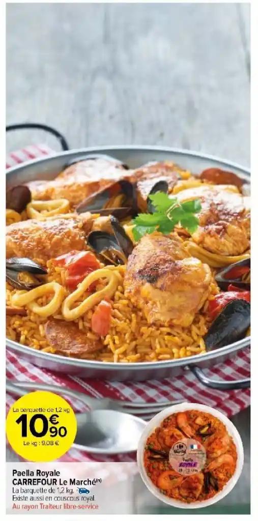 Paella Royale CARREFOUR Le Marché La barquette de 1,2 kg. Existe aussi en couscous royal. Au rayon Traiteur libre-service