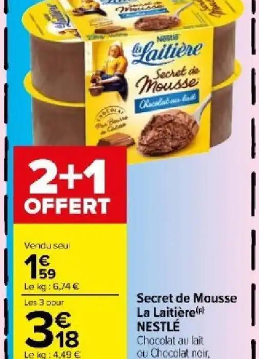 Secret de Mousse La Laitière (P) NESTLÉ Chocolat au lait ou Chocolat noir, 4x59 g