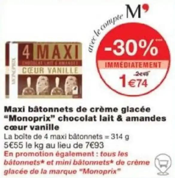 Maxi bâtonnets de crème glacée "Monoprix" chocolat lait & amandes cœur vanille