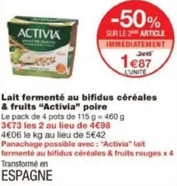 Lait fermenté au bifidus céréales & fruits "Activia" poire