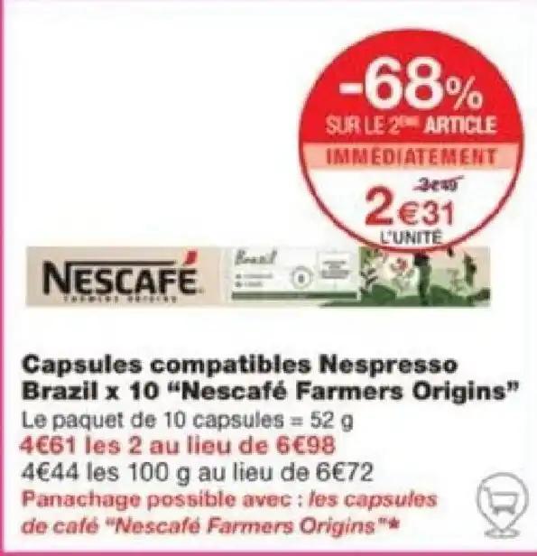 Capsules compatibles Nespresso Brazil x 10 "Nescafé Farmers Origins"