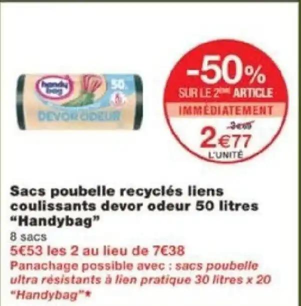 Sacs poubelle recyclés liens coulissants devor odeur 50 litres "Handybag"