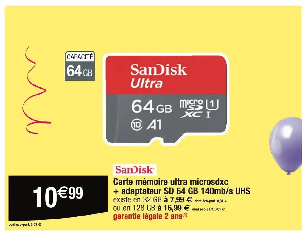 SanDisk Carte mémoire ultra microsdxc + adaptateur SD 64 GB 140mb/s UHS