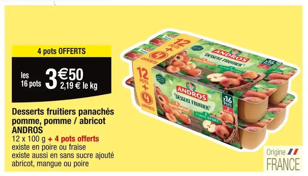 ANDROS Desserts fruitiers panachés pomme, pomme / abricot