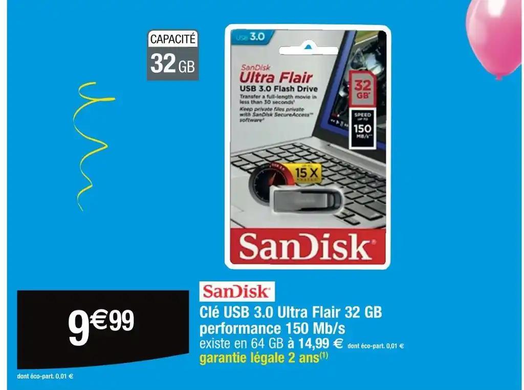 Sandisk Clé USB 3.0 Ultra Flair 32 GB performance 150 Mb/s
