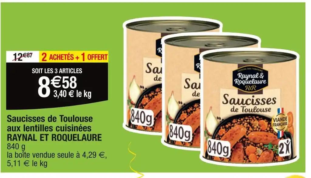 RAYNAL ET ROQUELAURE Saucisses de Toulouse aux lentilles cuisinées