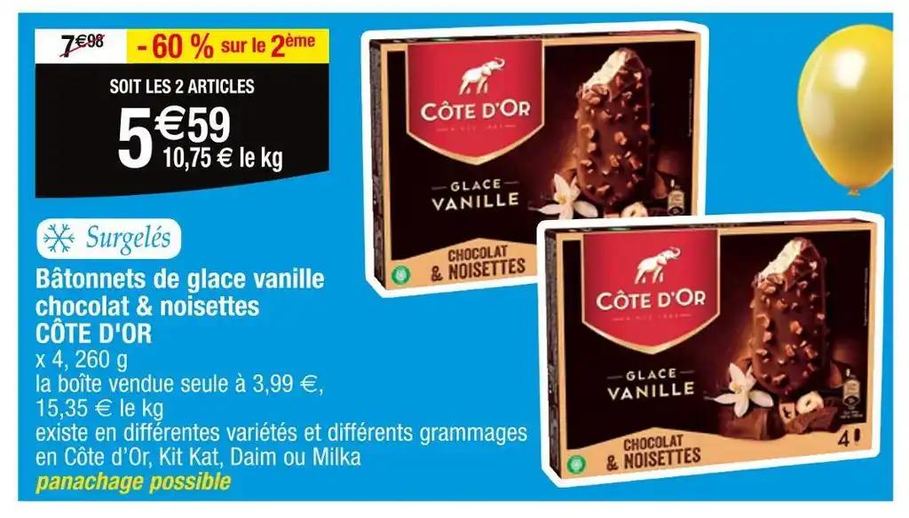 CÔTE D'OR Bâtonnets de glace vanille chocolat & noisettes