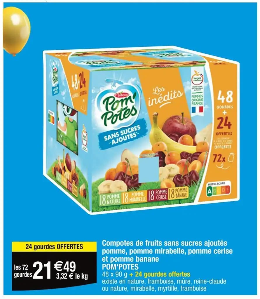 POM'POTES Compotes de fruits sans sucres ajoutés pomme, pomme mirabelle, pomme cerise et pomme banane