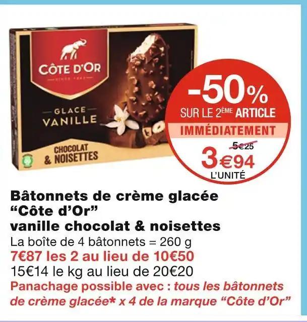 Côte d’Or Bâtonnets de crème glacée vanille chocolat & noisettes